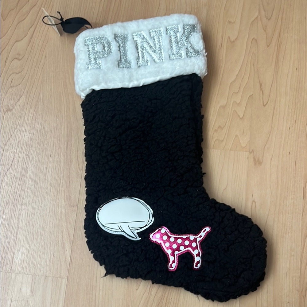 Black and White Holiday Stocking with Victoriaβs Secret Pink Dog